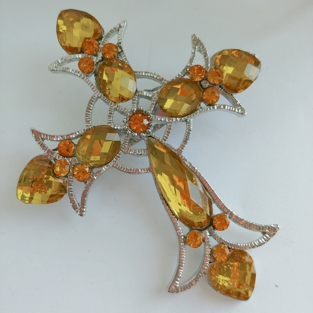 Silver Amber Cross Brooch Pin